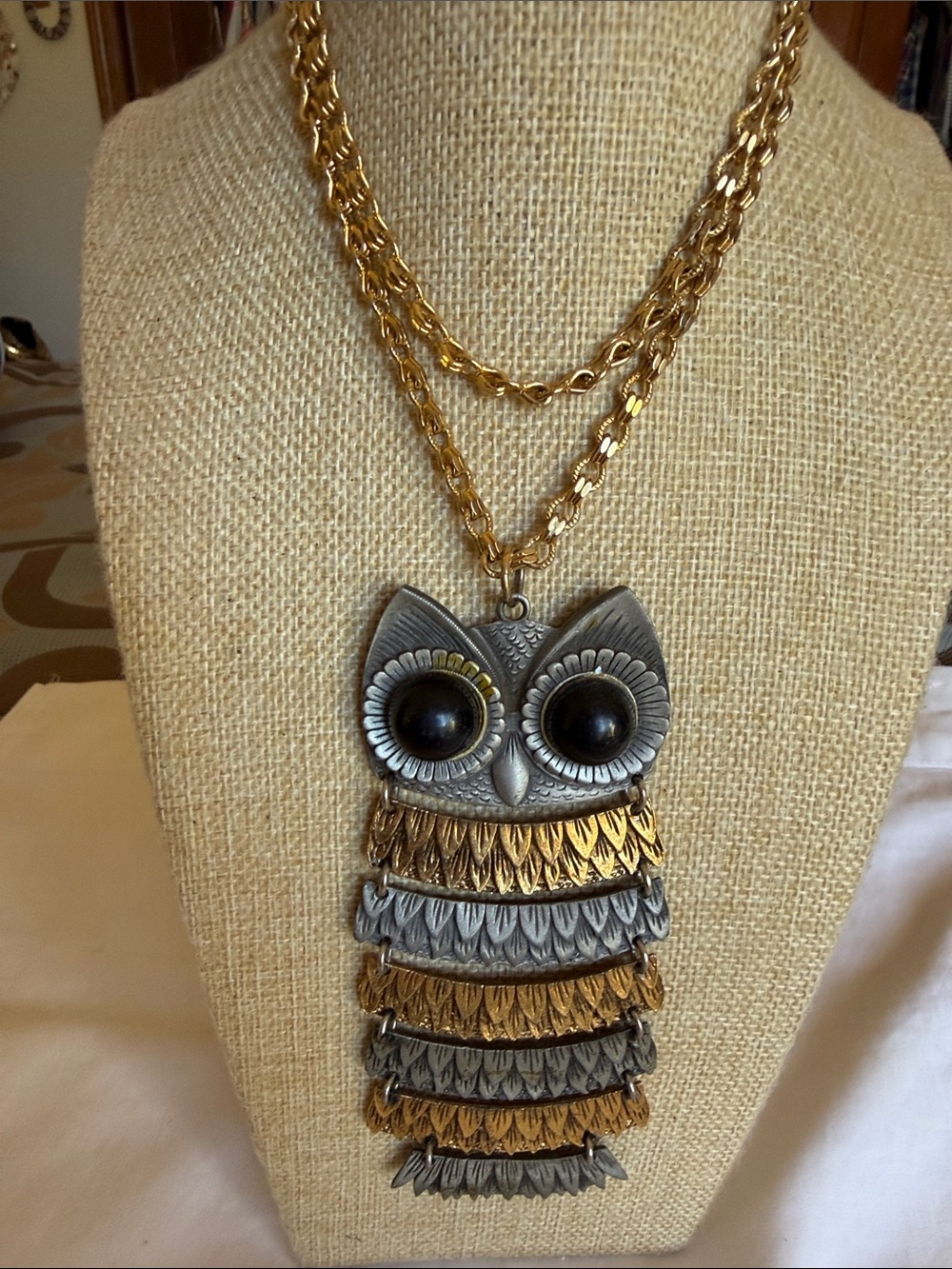 Gold and SilverTone Articulated Owl Pendant Necklace